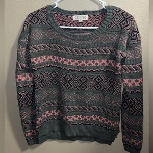 Pink Rose Gray and Pink Patterned Crewneck Sweater
